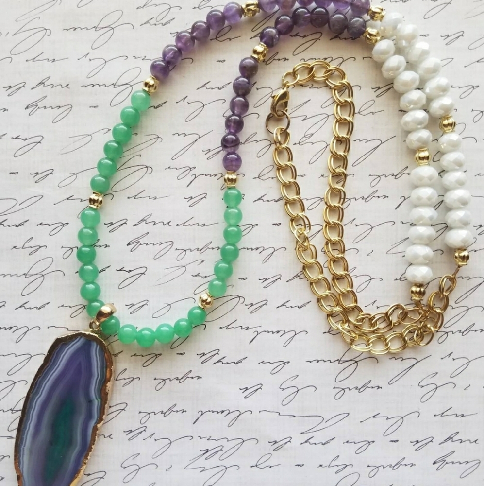 Jade 💚 Amethyst 💜 Gold💛 Long Boho Necklace